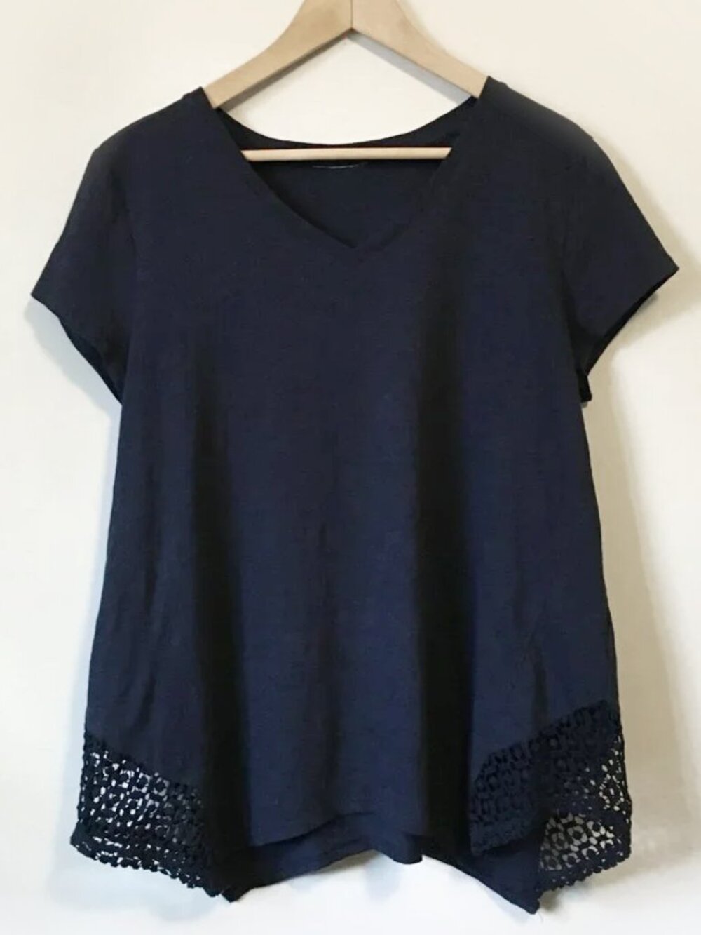 INC Dark Navy A-Line Crochet Lace Handkerchief Hem Tee - L Babydoll